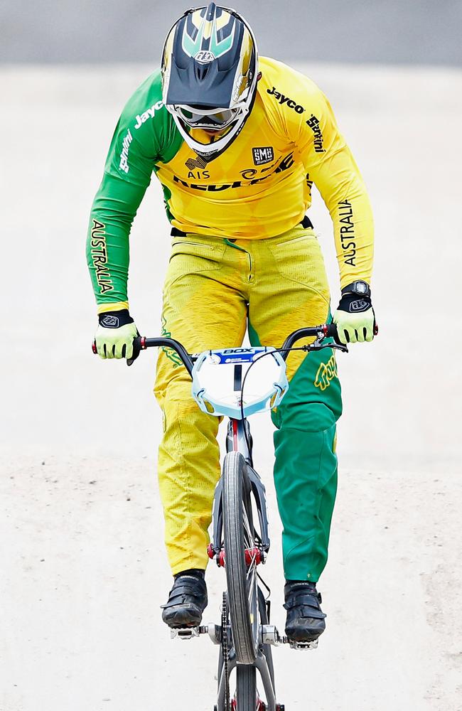 Sam Willoughby in BMX action chasing a third win at the world championships. Picture: Dean Mouhtaropoulos (Getty Images)