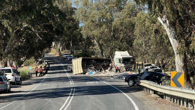 The scene of a multi car and truck crash on Main South Road at Wattle Flat. Picture: Naomi Jellicoe