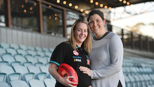 Port Adelaide AFLW coach Lauren Arnell and partner Lexi Edwards at Alberton. Picture: Keryn Stevens