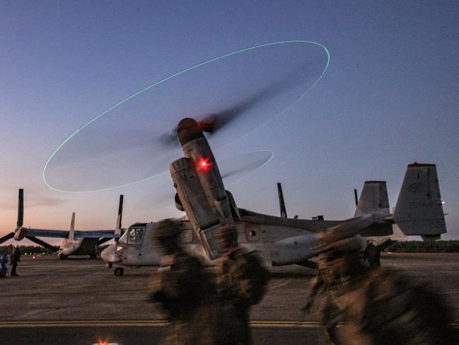 US Marines arrive at RAAF Base Darwin after departing  Nackaroo Airfield aboard  MV-22 Osprey's after completing    Exercise Loobye , a joint training exercise between the USMC and the ADF.Picture: Glenn Campbell