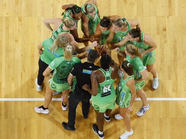 Perth-based Super Netball team West Coast Fever in a huddle. Picture: James Worsfold/Getty Images