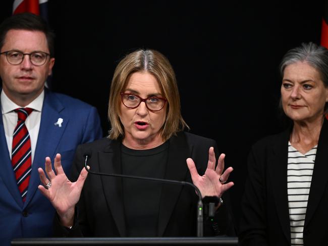 Police Minister Anthony Carbines, Premier Jacinta Allan and Attorney-General Sonya Kilkenny, who says she felt compelled to make big bail changes after meeting with a victim of crime. Picture: AAP