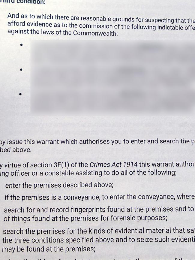 More from the AFP search warrant into the caravan “terror plot”. Picture: Supplied