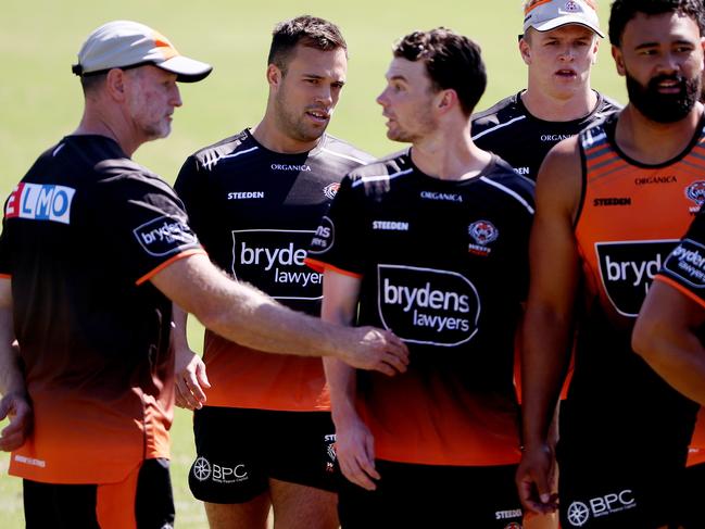 DAILY TELEGRAPH - 18 NOVEMBER, 2021. Wests Tigers hold a closed training session at Leichardt Oval with the full squad back for their first full training run together. Luke Brooks (2nd from L) back on his first day of training.  Picture: Toby Zerna