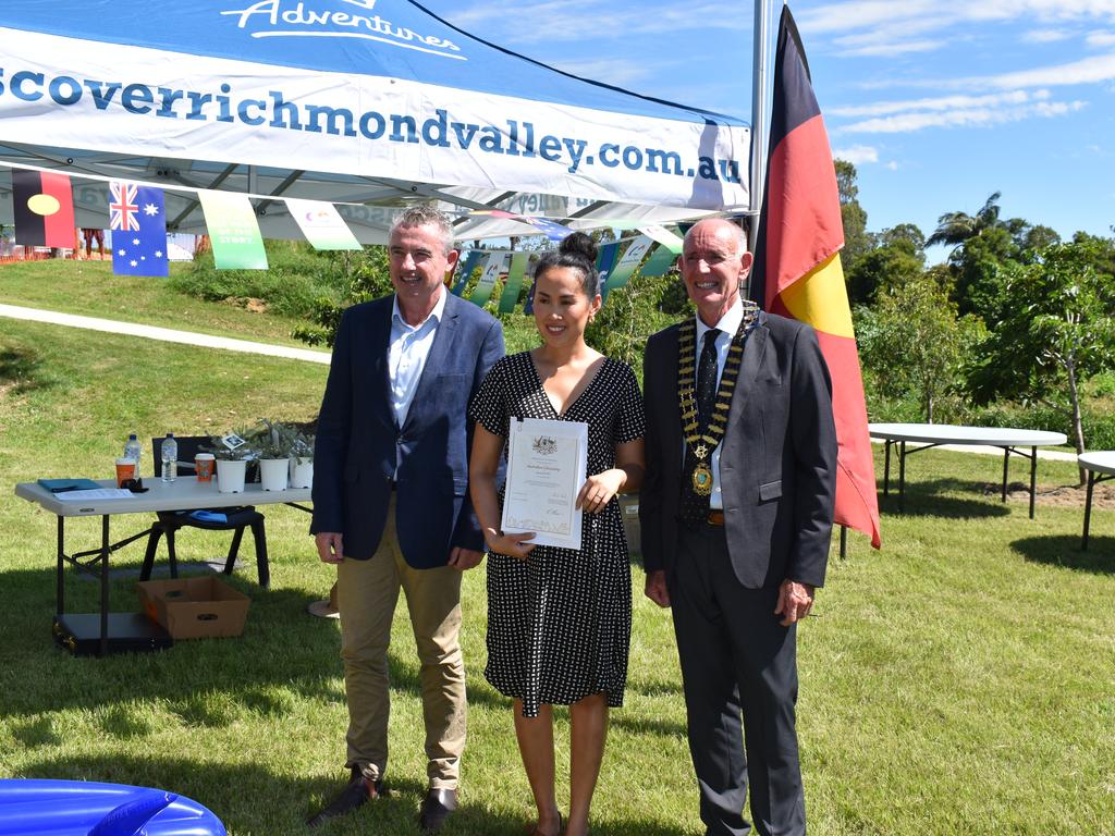 Jinapat Munro with Page MP Kevin Hogan and Richmond Valley Council mayor Robert Mustow. (Credit: Adam Daunt)