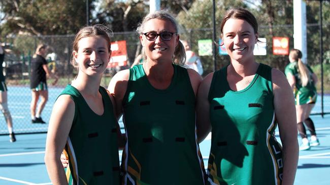 Netballers Lili Tiller (daughter), Joz Phelps (grandmother) and Sally Potter (mother) all took to the court in Lock's loss against the Cummins Kapinnie Cougars recently. Picture: Sean Tosold