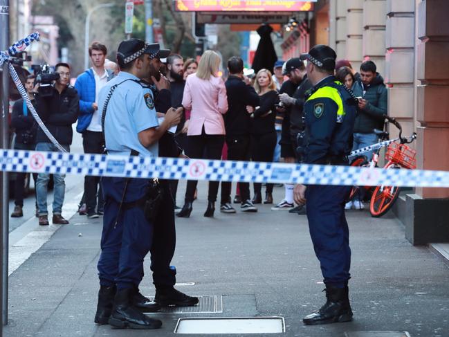 The scene outside 104 Clarence Street, Sydney, CBD, where a body was found after a stabbing incident. Picture: Justin Lloyd.