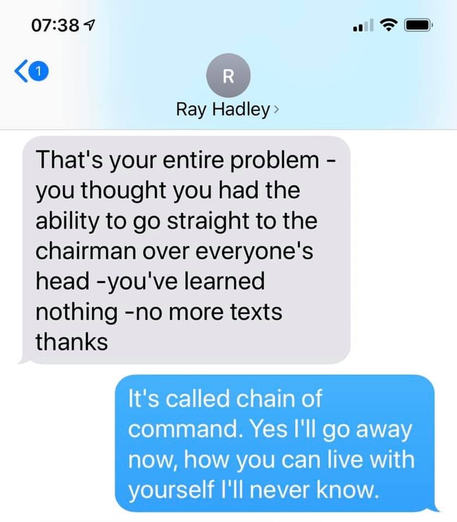 Mr Bowen said he received this message from Hadley after raising complaints with Macquarie Media Chairman Russell Tate in 2018. Picture: Supplied