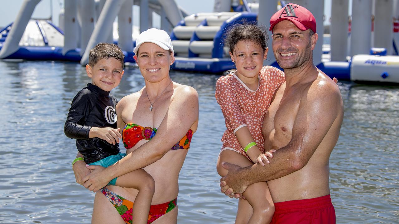 Hanna family, Benji,4, Emily, Bella, 7, and John, at GC Aqua Park, Southport. Picture: Jerad Williams