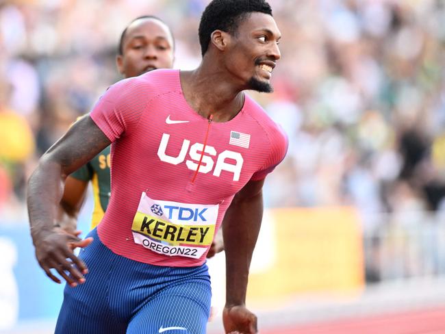 TOPSHOT - USA's Fred Kerley celebrates after crossing the finish line in first place in the men's 100m final during the World Athletics Championships at Hayward Field in Eugene, Oregon on July 16, 2022. (Photo by Jewel SAMAD / AFP)