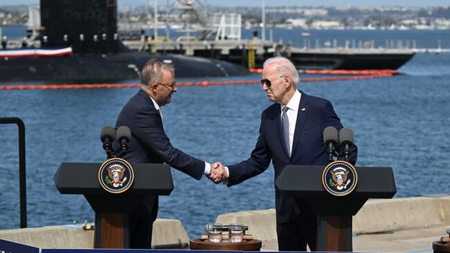 Anthony Albanese and US President Joe Biden shake hands on the trilateral AUKUS partnership in March this year. Picture: Getty Images