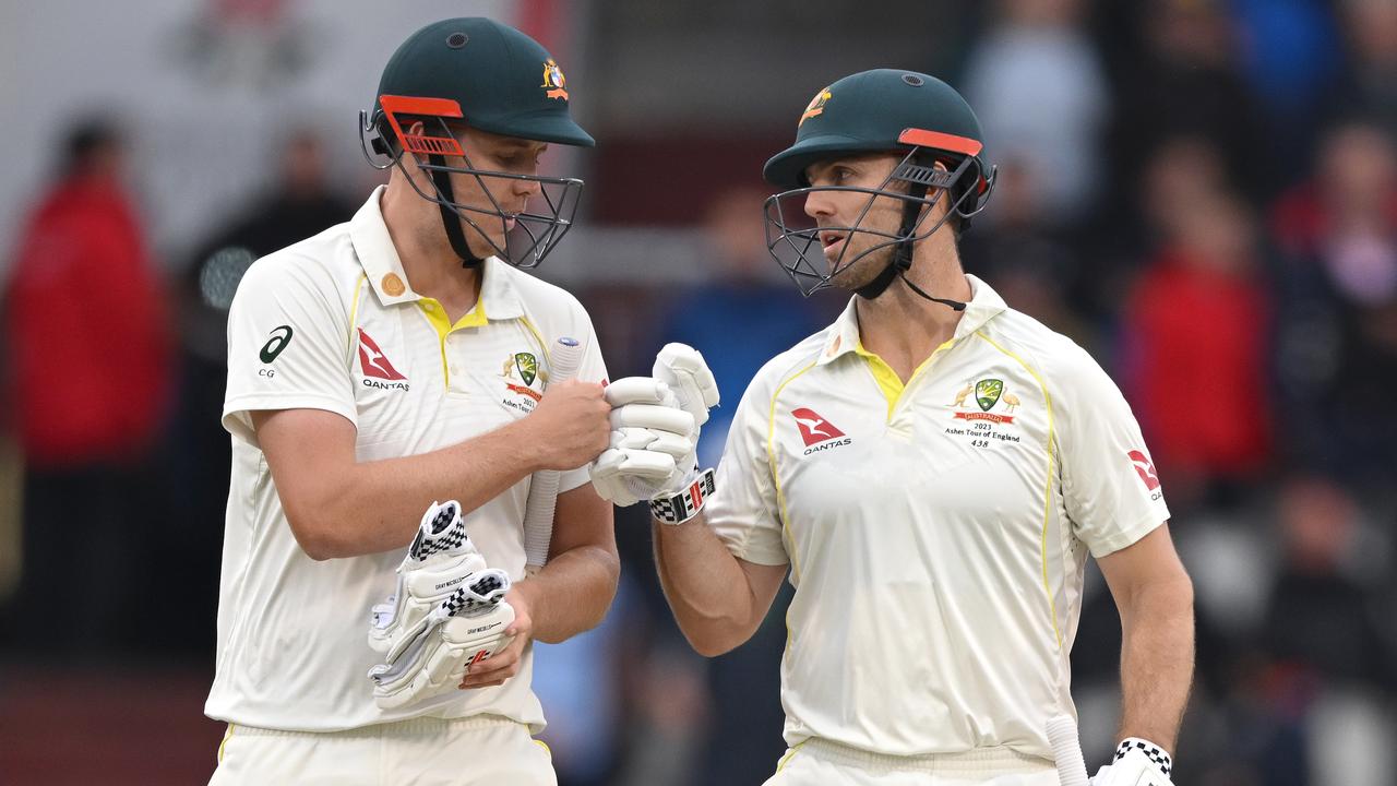 Australian all-rounders Cameron Green and Mitchell Marsh. Photo by Stu Forster/Getty Images