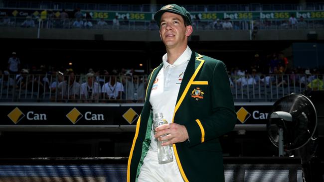 Australian captain Tim Paine walks onto the field during day one of the First Test match between Australia and New Zealand at Optus Stadium last December. Paine said it would be “unbelievable” to play a Test in Hobart. (Photo by Cameron Spencer/Getty Images)