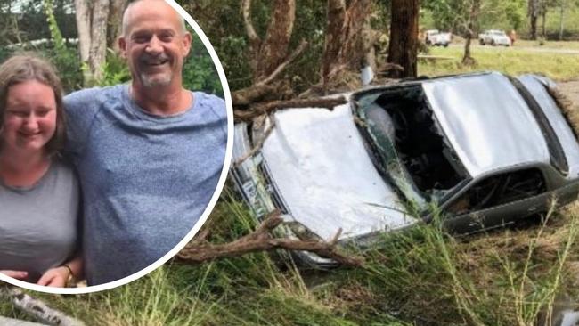 Krystal and Lenny Cain spend hours clinging to a tree in floodwaters before Krystal was swept away. Photo: Supplied