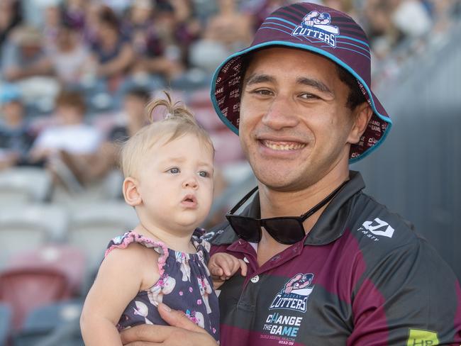 Rory Bella and Hiale Roycroft at the Mackay Cutters vs. Central Queensland Capras first trial match at BB Print Stadium Mackay. Saturday February 11 2023 Picture: Michaela Harlow