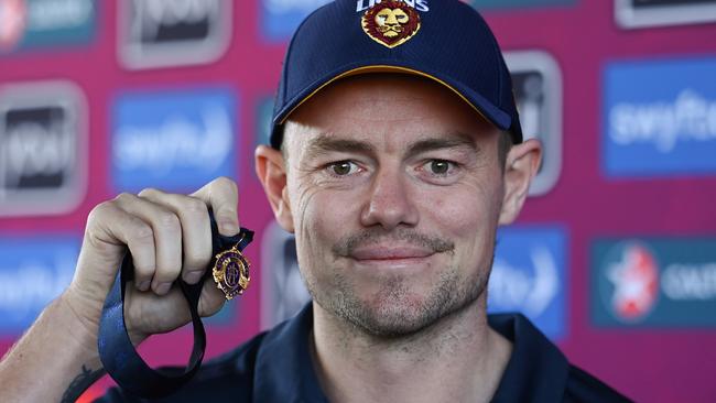 IPSWICH, AUSTRALIA - SEPTEMBER 26: Lachie Neale poses with the Brownlow Medal during a Brisbane Lions AFL training session at Brighton Homes Arena on September 26, 2023 in Ipswich, Australia. (Photo by Albert Perez/Getty Images)