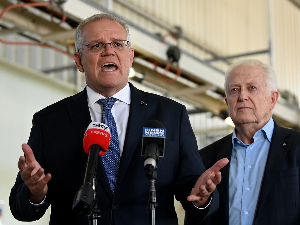 Scott Morrison (left) and Liberal candidate for Dobell Michael Feneley at Wyong. Picture: AAP Image