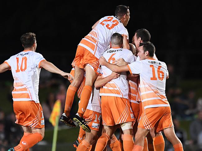 Cairns FC players celebrate Ryan Cavanagh’s goal against Sydney FC on Tuesday night. Picture: Getty Images