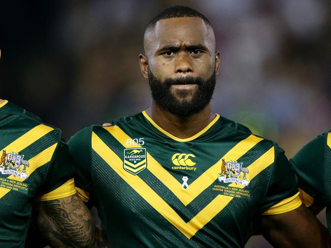 Blake Ferguson , Semi Radradra and Sam Thaiday during the rugby league Test Match between the Australian Kangaroos and the New Zealand Kiwis at Hunter Stadium , Newcastle .Picture : Gregg Porteous