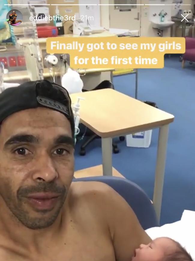 Eddie Betts meeting his twins for the first time.