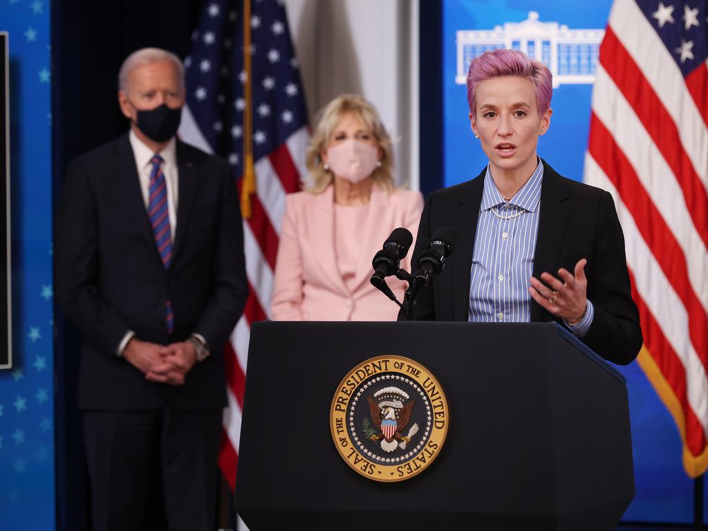 U.S. women‘s footballer Megan Rapinoe spoke in March 2021 at a White House event to mark Equal Pay Day. Picture: Chip Somodevilla/Getty Images
