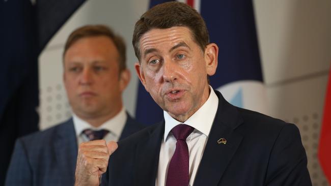 Premier Steven Miles looks on as Deputy Premier Cameron Dick speaks at a post-cabinet media conference in January. Picture: Glenn Campbell/NCA NewsWire