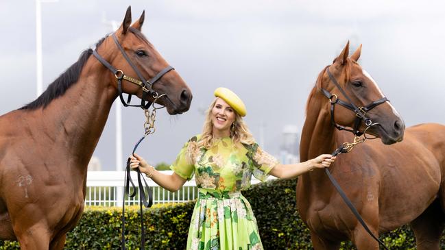 Ally Mosley with Yes Lulu and Snitzanova ahead of Magic Millions race day. Picture by Luke Marsden.