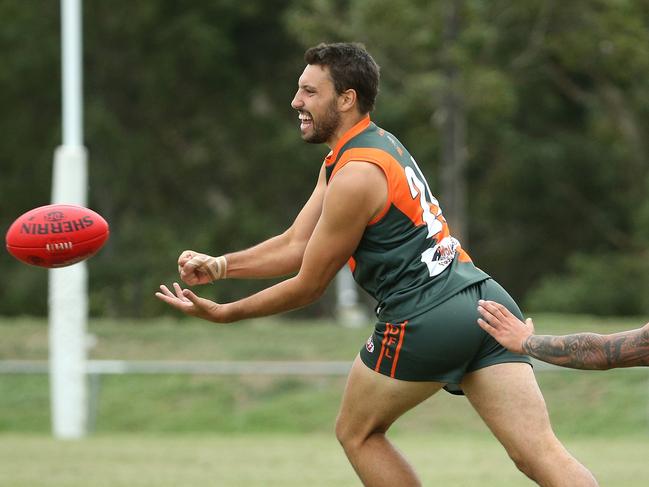 EDFL Footy: Keilor Park v Hadfield: Jake Gatto of Keilor Park under pressure from Mark Sabatino of HadfieldSaturday, April 2, 2022, in Keilor Park, Victoria, Australia. Picture: Hamish Blair