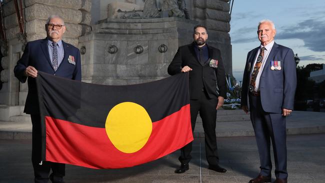 This year, for the first time, Adelaide's Dawn Service at the National War Memorial, had an all Aboriginal cast. Veterans Alex Houthuysen, Matty Moore, Frank Lampard attended. Picture Dean Martin