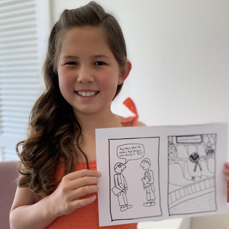 Mia Lai, 10, won the Year 3-4 group of the Kids News Cartoon Contest with her cartoon about a penguin that swam 3000km from Antarctica to New Zealand.