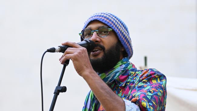 BRISBANE, AUSTRALIA - NewsWire Photos - AUGUST 19, 2023. Jonathan Sri (Sriranganathan), the Greens candidate for Mayor of Brisbane, speaks during a housing rally outside Labor's 49th National Conference in Brisbane. Picture: Dan Peled / NCA NewsWire