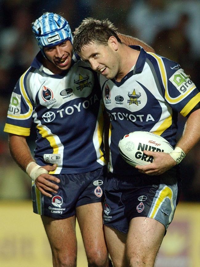 Johnathan Thurston and Josh Hannay while playing for the North Queensland Cowboys in the 2005 NRL season. Picture: Morgan Evan.