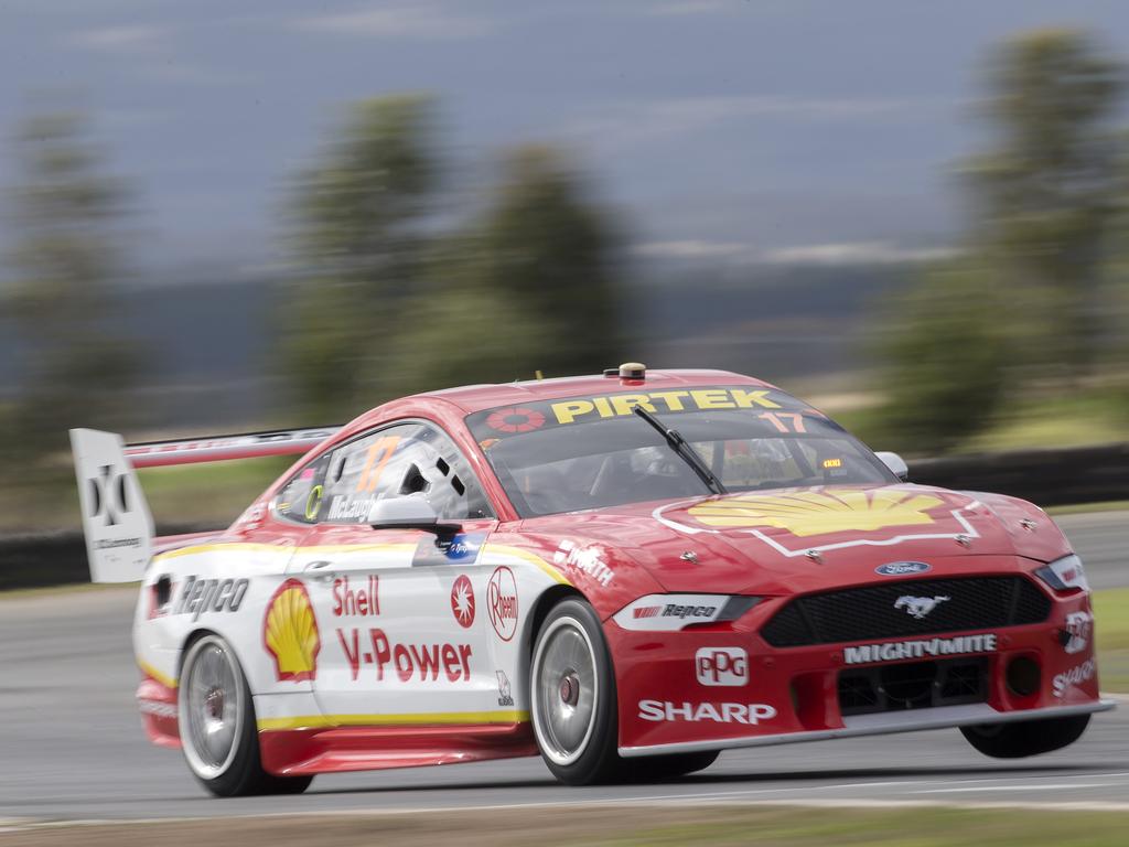 Scott McLaughlin of Team Shell V- Power Racing driving a Ford Mustang during practice 3 at Symmons Plains. PICTURE CHRIS KIDD