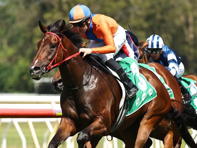 WYONG, AUSTRALIA - JANUARY 11: Adam Hyeronimus riding Headley Grange win Race 6 Central Coast Community News during Sydney Racing: Wyong 150th Anniversary And The Lakes Race Day at Wyong Racecourse on January 11, 2025 in Wyong, Australia. (Photo by Jeremy Ng/Getty Images)