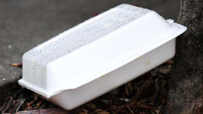 BRISBANE, AUSTRALIA - NewsWire Photos - MARCH 11, 2021.A discarded polystyrene foam food container is seen in Brisbane. Queensland moves to ban Polystyrene foam food containers and cups as well as single-use plastic straws, stirrers, cutlery and plates later this year.Picture: NCW NewsWire / Dan Peled