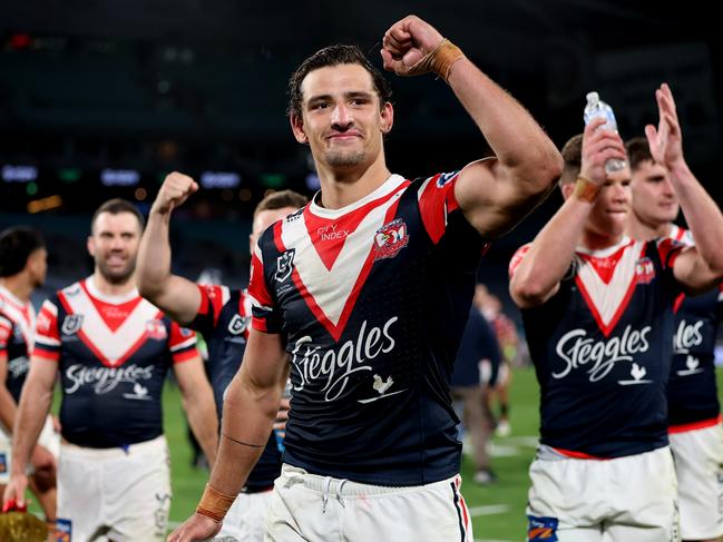 SYDNEY, AUSTRALIA - SEPTEMBER 01:  Billy Smith of the Roosters celebrates victory after the round 27 NRL match between South Sydney Rabbitohs and Sydney Roosters at Accor Stadium on September 01, 2023 in Sydney, Australia. (Photo by Matt King/Getty Images)