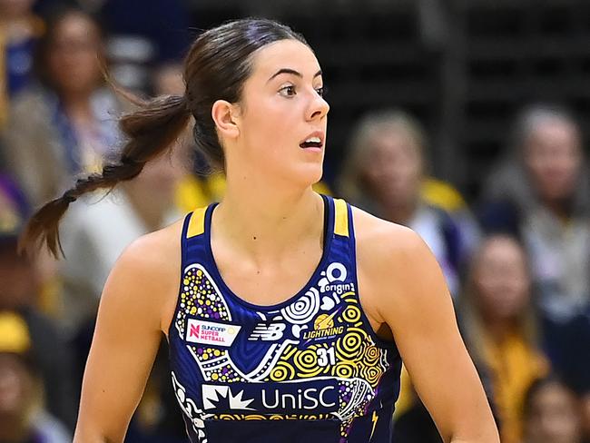 SUNSHINE COAST, AUSTRALIA - MAY 27:  Ava Black of the Lightning in action during the round 11 Super Netball match between Sunshine Coast Lightning and Collingwood Magpies at University of Sunshine Coast Stadium, on May 27, 2023, in Sunshine Coast, Australia. (Photo by Albert Perez/Getty Images)