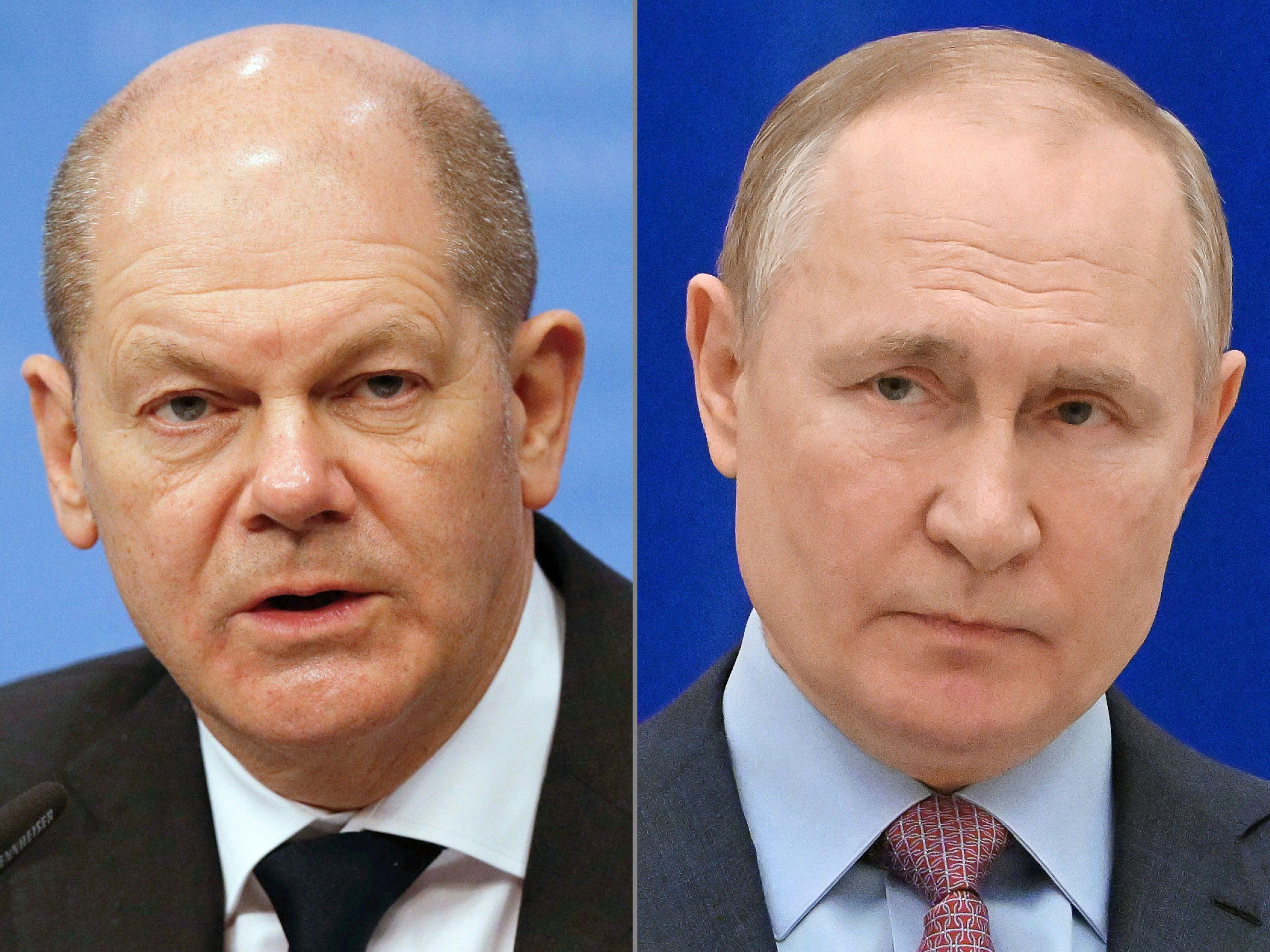 German Chancellor Olaf Scholz and Russia’s President Vladimir Putin discussed the war in a new phone conversation. Picture: Johanna Geron/Sergei Guneyev/AFP