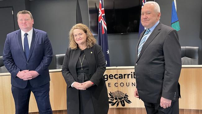 Minister for Local Government Wendy Tuckerman, Interim Administrator Viv May, and Member for Wollondilly Nathaniel Smith at the Moss Vale Civic Centre. Picture: Niki Iliagoueva