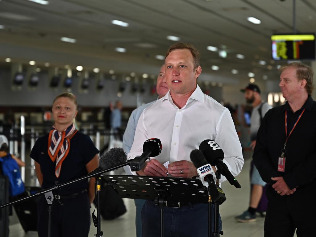 Queensland Deputy Premier Steven Miles addresses the media at the Cairns Domestic Terminal on Thursday. Picture: Emily Barker.