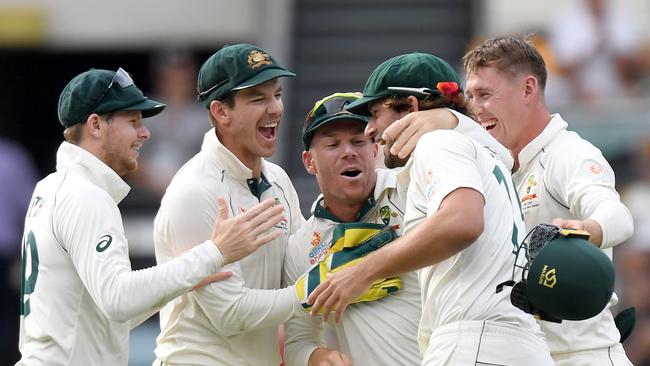 Australia celebrates after their heavy first Test victory over Pakistan on Sunday. Picture: Getty