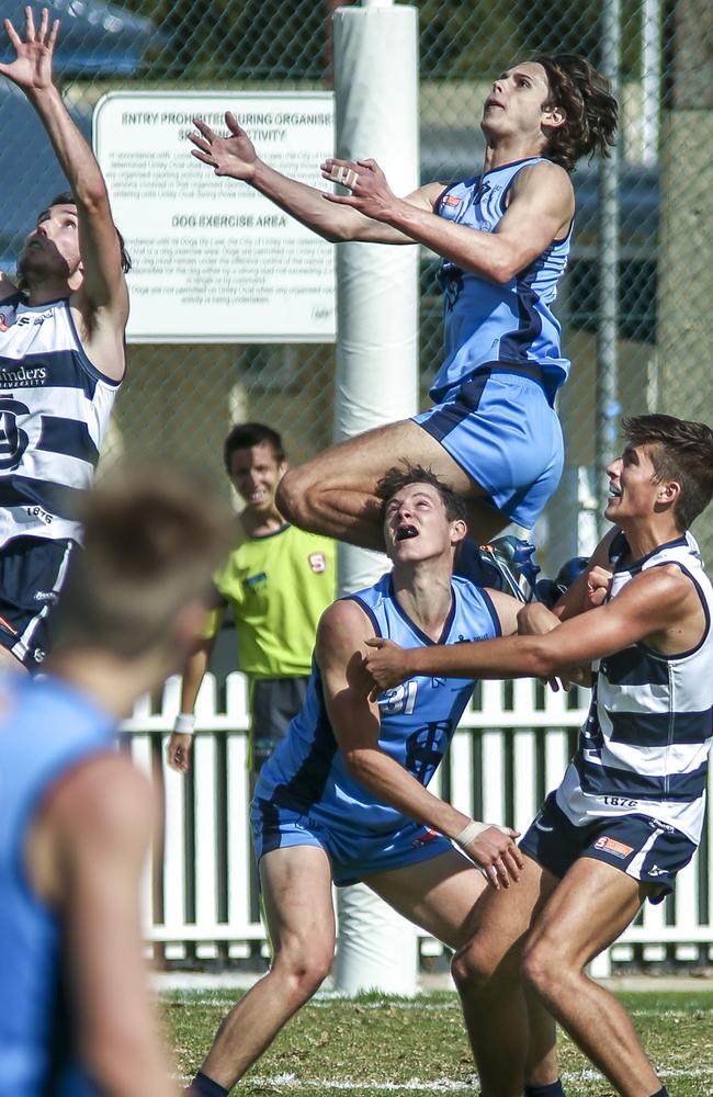 Riley Grundy takes flight for Sturt’s under-18s against South Adelaide on the weekend. Picture: Mike Burton.