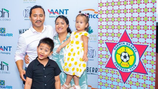 Departing club founder and president Hem Pun with his wife and children, Nigel and Eva, at the 2023 DHFC awards night. Picture: Darwin Hearts Football Club Facebook page.