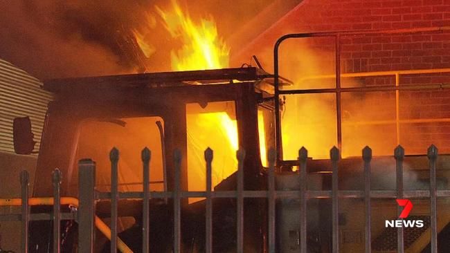 Police are investigating a late-night arson attack on an excavator at Rosary Primary School in Prospect. Picture: 7NEWS Adelaide