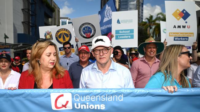 Labor leader Anthony Albanese and Queensland Premier Anastasia Palaszczuk during a Labour Day march in Brisbane. Picture: NCA NewsWire / Dan Peled