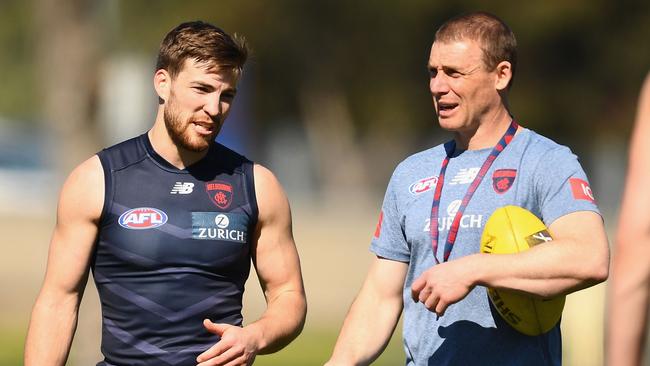 Jack Viney of the Demons speaks to head coach Simon Goodwin during a training session at Gosch's Paddock. Picture: Quinn Rooney/Getty Images