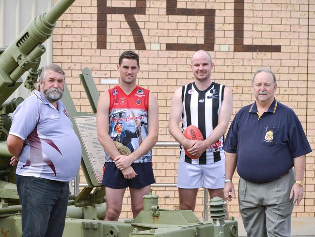 Southern Football League president Craig Warman, Flagstaff Hill captain David Kearsley Reynella captain Ben Lockett and Morphett Vale RSL president Ron Payne, Saturday, April 20, 2019. Reigning premier Flagstaff Hill will be wearing special guernseys against Reynella for their Anzac Day round on April 27. (AAP Image/Brenton Edwards)