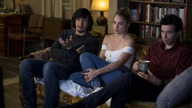 Girls actor Adam Driver (left), with co-stars Jemima Kirke and Alex Karpovsky. Picture: Supplied/Foxtel.