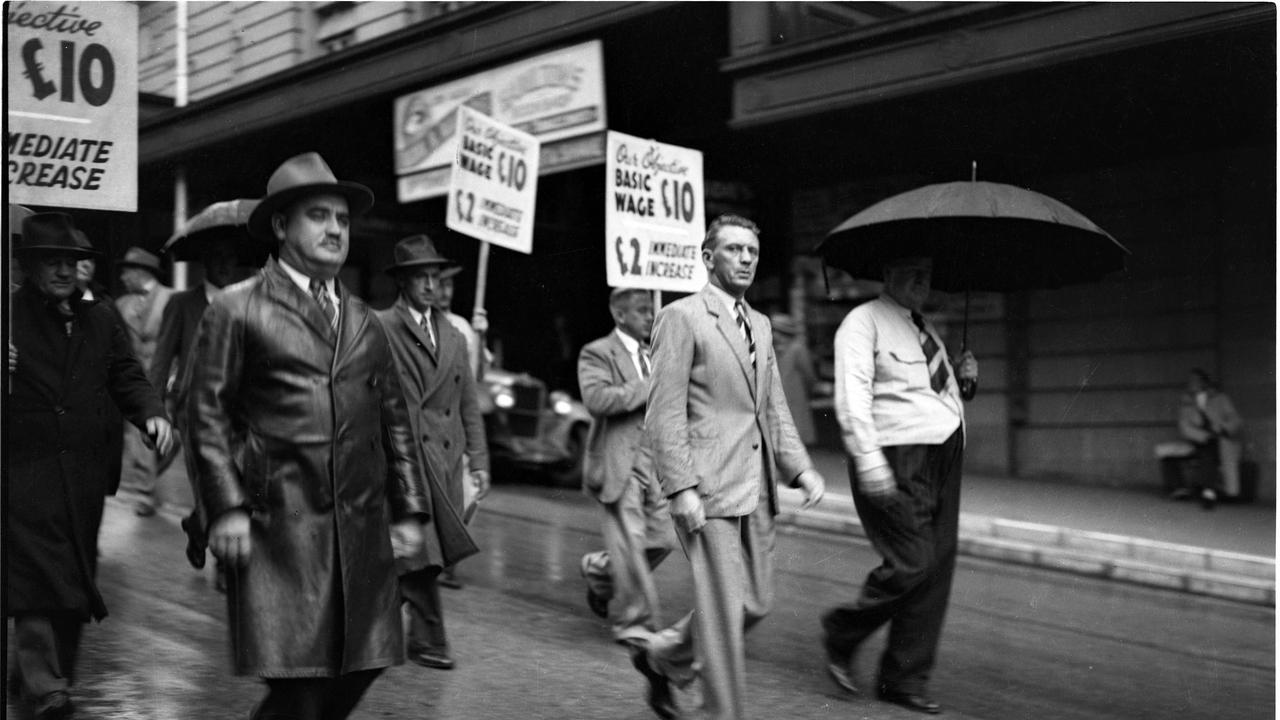 Basic Wage march down Edward St in 1950.