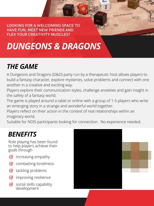 A business offered Dungeon and Dragons sessions to help NDIS participants “improve resilience” and “increase empathy”. Source: Facebook